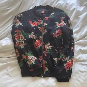 Zara Black Floral Bomber Jacket with Red & Green Accents